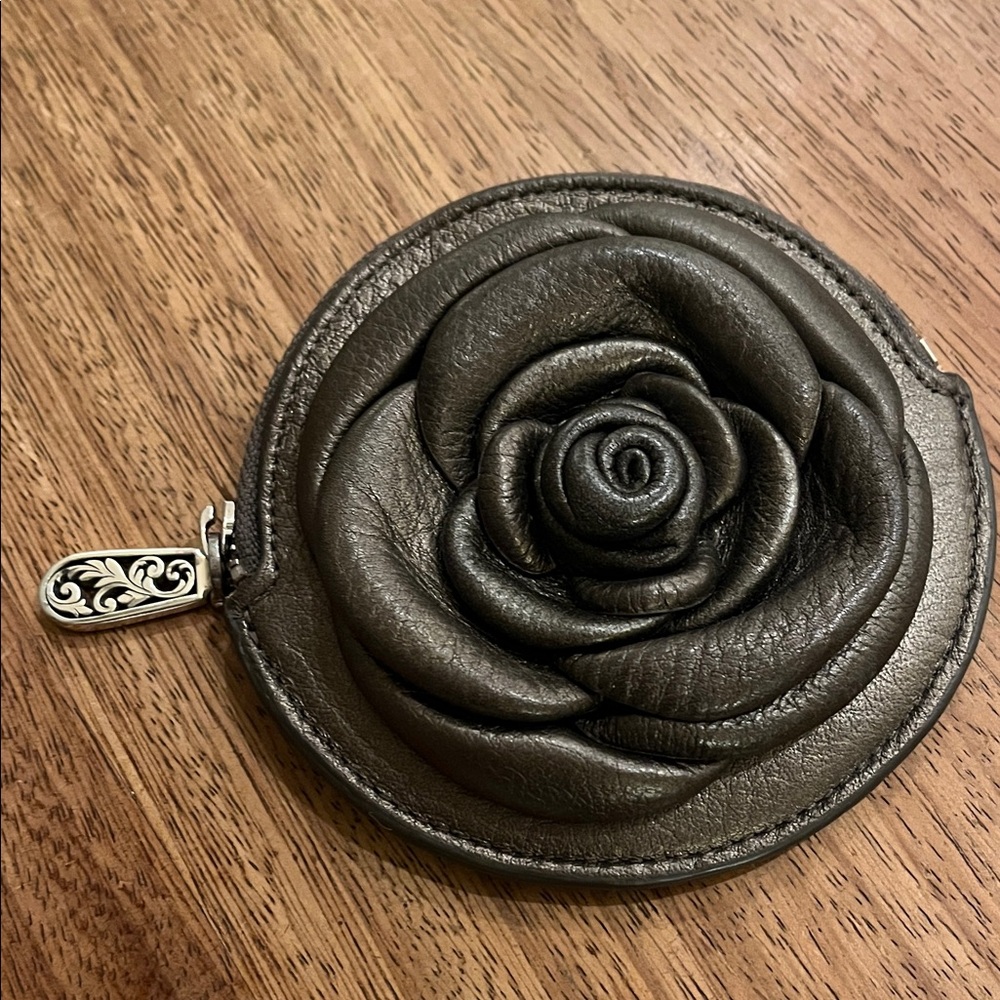 Brighton Zippy Metallic Leather Pewter Rose Coin Purse Dust Bag included